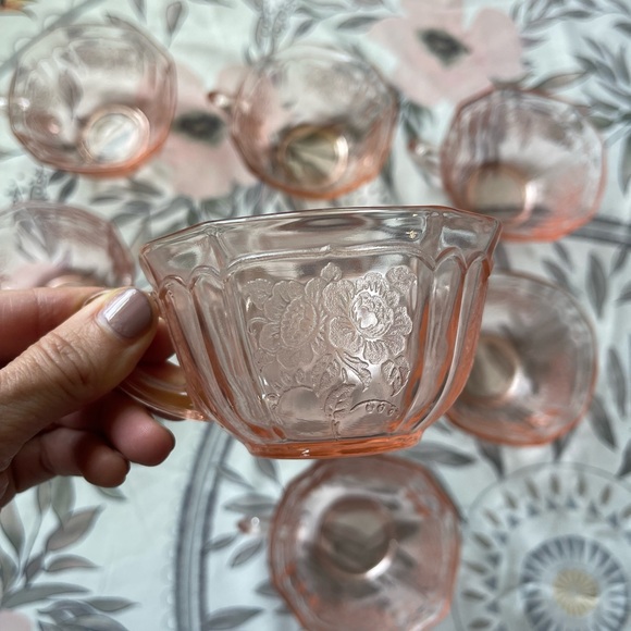 Vintage set of 8 Depression Glass punch glasses Mayfair Open Rose - Picture 3 of 10